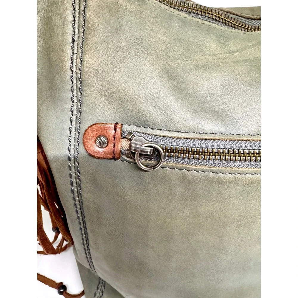 The Sak Ashland Leather Crossbody Bag Sage Green Brown Fringe Tassel Boho Hobo